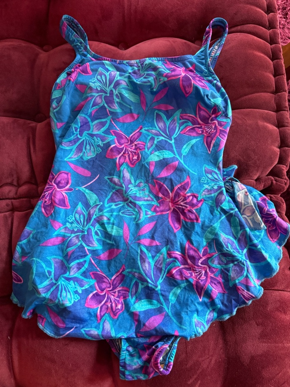 Maxine of Hollywood Teal Blue Floral Swimsuit with Pink Accents 16 purple